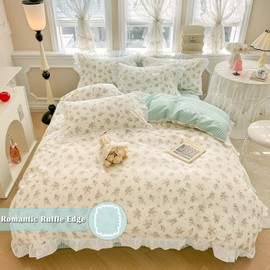 VM VOUGEMARKET Floral Duvet Cover Twin with White Ruffles Reversible Green Plaid Duvet Cover with Zipper Ties 100% Cotton Romantic Girls Lace Comforter Cover with 2 Pillow Shams