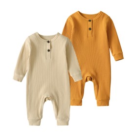 Newborn Infant Baby Boys Girls Long Sleeve Rompers Jumpsuit Unisex Button Knit Solid Ribbed Clothes - 0-3 Months (Yellow)