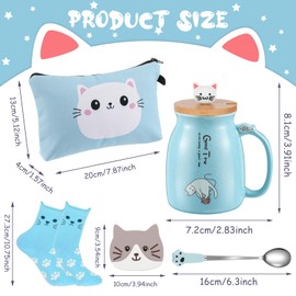 Uiifan 5 Pcs Cat Lover Gifts for Women Cat Gift for Mothers Day & Birthday - Ceramic Tea Cup with Lovely Kitty Lid, Kawaii Paw Spoon, Coaster, Socks & Makeup Bag for Mom, Friend, Women(Blue)