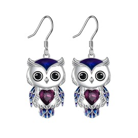 Owl Earrings for Women Silver Plated Birthstone Owls Dangle Earrings(Owl)