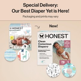 The Honest Company Clean Conscious Diapers for Delicate Skin | Up to 100% Leakproof | Hypoallergenic, Fragrance Free | Gender Neutral | Club Box, Size 1 (8-14 lbs), 78 Count (Prints May Vary)