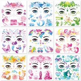 DPKOW Mermaid Face Tattoos Unicorn Mermaid Makeup Accessories, 9 Sheets Mermaid Temporary Tattoo Stickers Mermaid Fake Tattoos Kids Girl Women Face Body Art, Mermaid Unicorn Butterfly Tattoo Stickers