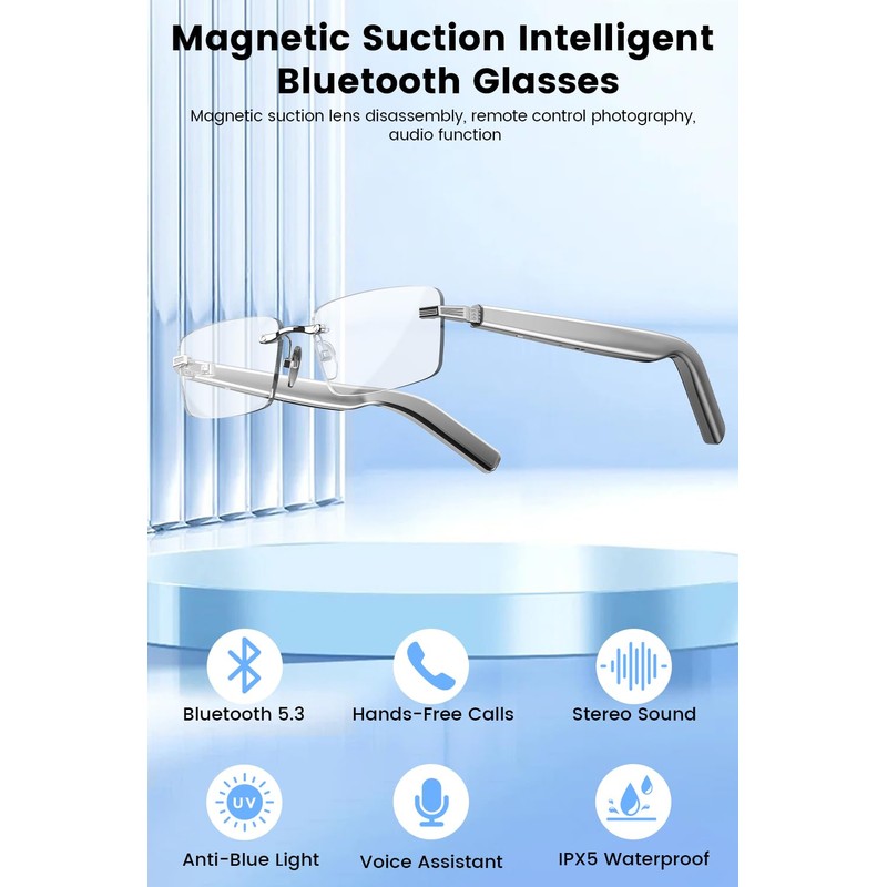 QJF Rimless Bluetooth Glasses with Open-Ear Audio - Blue Light