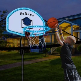 Fuliuna Solar Power Trampoline Basketball Hoop with Led Lights, Easy to Install Basketball Hoop Fit for 25mm Straight Pole & Curved Pole Outdoor Trampoline, Trampoline Basketball with Ball & Pump