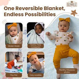 Organic Cotton Baby Growth Blanket – Hypoallergenic, Reversible Photography Backdrop & Age Tracker Blanket for Babies – Multipurpose Large Swaddle, Tummy Time Mat & Stroller Cover – 40" x 60"