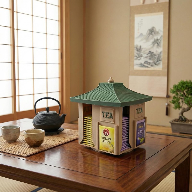 Rotating Japanese Tea Bag Organizer Dispenser - Pagoda Design, 360°