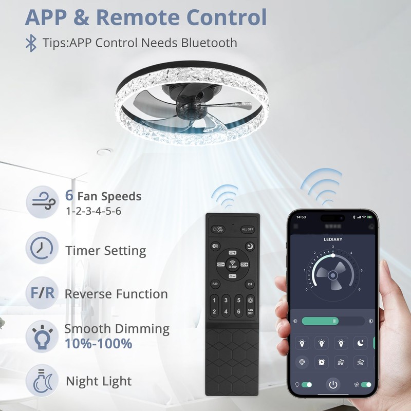 LEDIARY 20" Modern Ceiling Fans with Lights and Remote, Dimmable