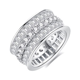 Gobaalele Emerald Cut Eternity Band Ring, 7.5cttw 5A Cubic Zirconia Triple Row Wide Wedding Ring, CZ White Gold Plated S925 Sterling Silver Cocktail Statement Ring for women Size5.5