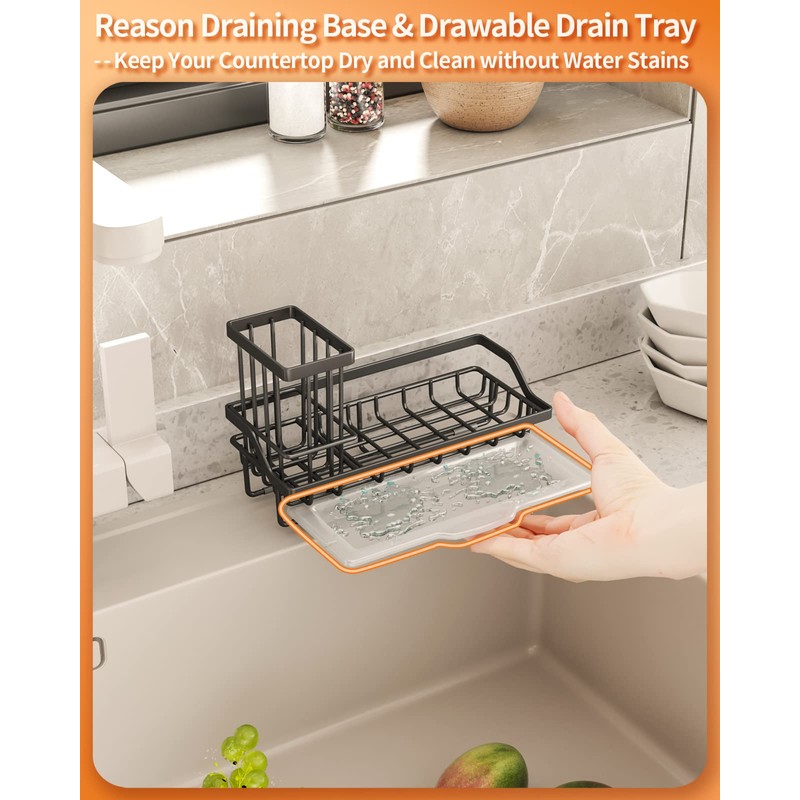 SWTYMIKI Kitchen Sink Caddy, Detachable Dish Brush Holder+Drain Tray, Sponge