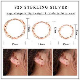 Cangall 3 Pairs 925 Sterling Silver Hoop Earrings for Women Men Girls, Hypoallergenic Small Sleeper Cartilage Twisted Rose Gold Huggie Earrings Set, Simple Ear Hoops Jewelry for Multiple Piercings