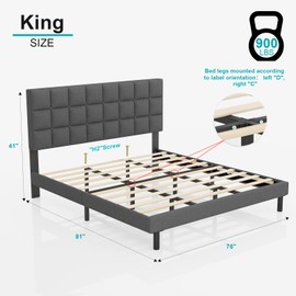 Twolike King Bed Frames with Headboard,Modern Upholstered Platforms Bed,and Strong Wooden Slats.No Box Spring Required. Easy Assembly,Dark Grey