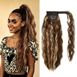 Ponytail Extension Magic Paste, 22Inch Ash Brown Highlighted Honey Blonde - Synthetic Long Wavy Curly Wrap Around Ponytail Extensions, Fluffy, Soft & Natural Hairpiece for Women Girls