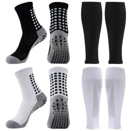 2 Set Anti-Slip Grip Soccer Socks with Shin Guard Sleeves, Sports Athletic Socks for Men Women (2 Set: Black+White)