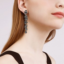 EVER FAITH Wedding Rhinestone Crystal Chandelier Dangle Earrings for Women Brides, Art Deco Marquise Teardrop Bridal Long Drop Eardrop for Prom Grey Silver-Tone