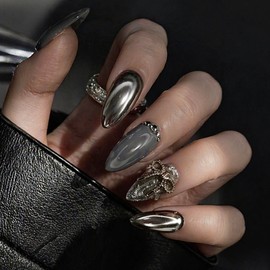 Metallic Silver Handmade Nail Tips - Oval S / 메탈릭 실버 수제네일팁 - 오벌S