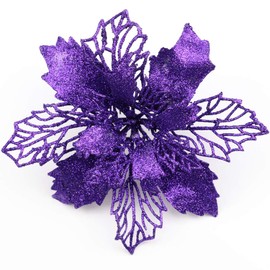 Sopcone 12 Pack Christmas Glitter Poinsettia Flowers Artificial Flower Christmas Tree Decorations and Ornaments, 6.2"/16cm Diameter (Purple)