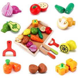 CARLORBO Wooden Play House Fresh Vegetables & Fruits Magnetic Ingredients Set for Girls Boys Wooden Toys to Cut Quickly