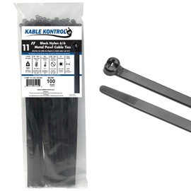 Kable Kontrol Cable Ties with Metal Tooth, 11 Inch 100 Pcs, 120 Lbs Tensile Strength, Metal Pawl, Stainless Steel Toothed Self-Locking Device, UV Resistant Steel Barb Zip Ties - Black