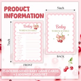 CWIOQPYI Pink Bow Cherry Baby Shower Games, 5"×7" Baby Word Scramble Game for Adults, 25 Pcs Double-Sided Gender Reveal Cards for Party Decorations Favors - C06