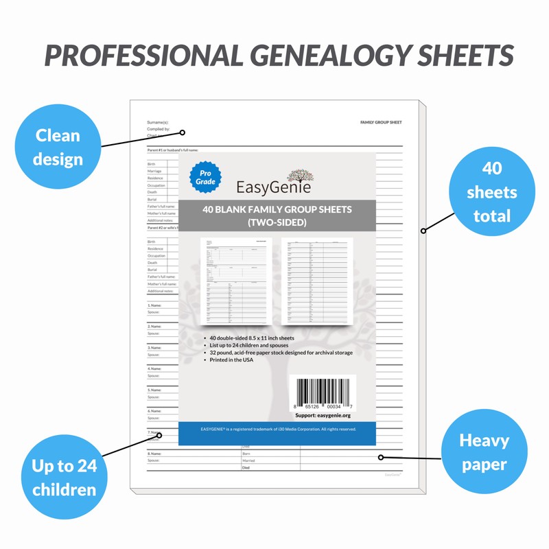 Blank Two-Sided Family Group Sheets for Genealogy (40) | Professional