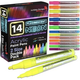 14 Pack Neon UV Fluorescent Acrylic Paint Pens, Double Pack of Both Extra Fine and Medium Tip Paint Markers, for Rock Painting, Mug, Ceramic, Glass, and More, Water Based Non-Toxic and No Odor