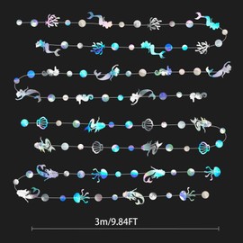 DONHUA 4pcs Iridescent Mermaid Garland with Jellyfish Seashell Starfish Pearl Holographic Streamer for Birthday Baby Shower Mermaid Rainbow Theme Party Decorations
