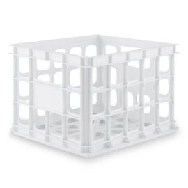 Sterilite Storage Crate, Stackable Plastic Bin Open Basket with Handles, Organize Home, Garage, Office, School, White, 1-Pack