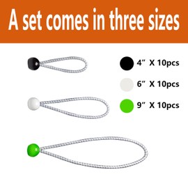 YELIER 30-Piece Ball Bungee Cords, A Bungee Cord with a Ball Comes in Three Sizes: 4 "6" 9", UV Resistant, Antioxidant, Secure Tie Down. (30, Black, White, Green)