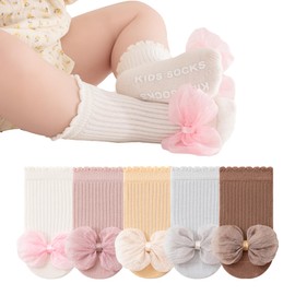 BEHELE Baby Non-Skid Socks Toddler Non Slip Crew Socks Girl Newborn Infant First Walking Princess Socks 5 Pairs (US, Age, 0 Months, 12 Months, Bow flower)