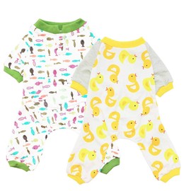 Scheppend 2-Pack Pet Clothes Puppy Cute Pajamas Dogs Cotton Rompers Cats Jumpsuits Cosy Apparel Dog Shirt Small Canine Costumes, Duck & Fish L