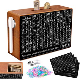 SARDVISA Wooden Money Saving Box, Upgraded All-in-One Cash Savings Box with 10k, 5k, 3k, 1k Challenge Target Trackers, Reusable Piggy Bank for Adults & Kids, Cash Vault Bank w/Sliding Lid