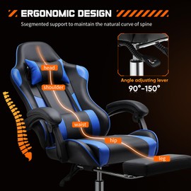 Ergonomic Gaming Chair with Footrest: 90°-155° Recline, Adjustable Height, Detachable Headrest & Lumbar, Reinforced Steel Base with 360°Silent Casters
