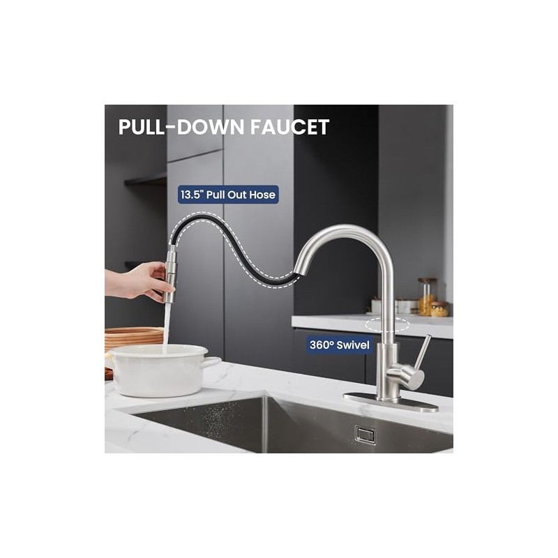 KPW Kitchen Faucet with Pull-Down Sprayer, Brushed Nickel, High-Arc Single