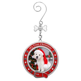 Pet's 1st Christmas Custom Photo Ornament - Dated 2024 - Xmas Picture Ornament Dog or Cat First Christmas - Holds a 2" D Picture - Gift/Storage Bag Included