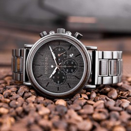 GUANKE Mens Watches Wooden Quartz Movement Stainless Steel Chronograph Date Business Casual Wristwatch for Man