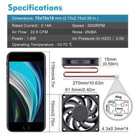 Wathai DC 12V Cooler Case Fan 70mm x 70mm x 15mm 2Pin Brushless Cooling Fan High Performance 2Pack