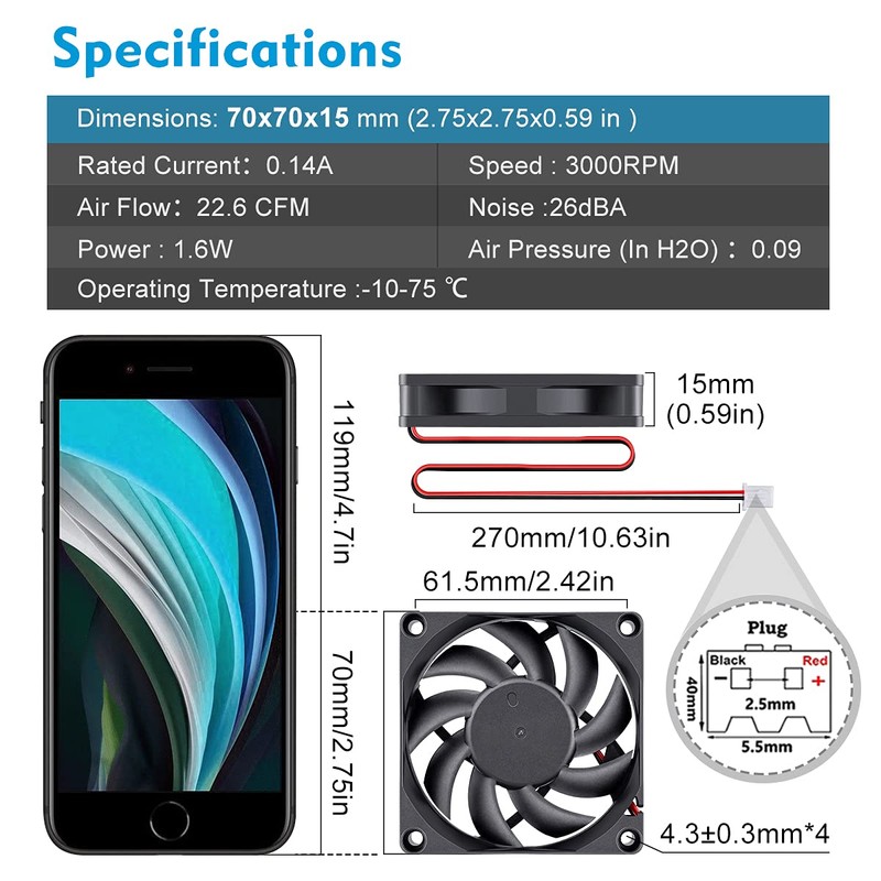 Wathai DC 12V Cooler Case Fan 70mm x 70mm x