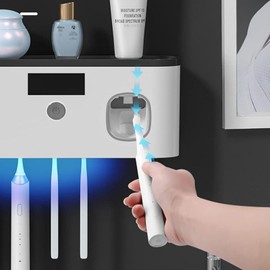 Wall Mounted Toothbrush Holder with Toothpaste Dispenser Electric Toothbrush Holder for Bathroom Solar Charging and No Drilling Required Smart Toothbrush Organizer with 5 Brush Slots（Black）