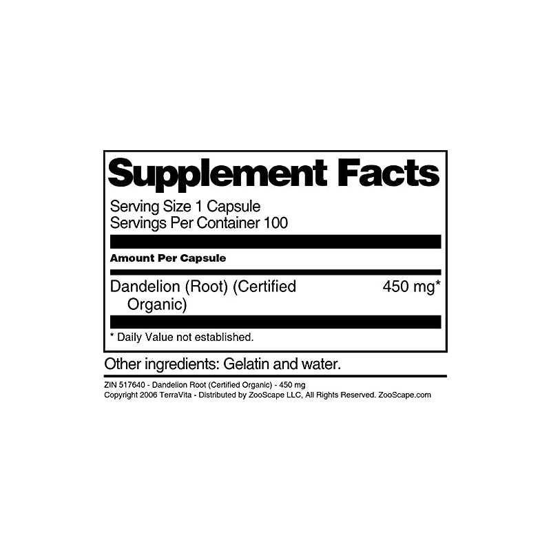 Dandelion Root (Certified Organic) - 450 mg (100 Capsules, ZIN: