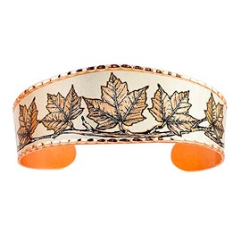 Silver Tone Maple Leaf Bracelets for Women. Open-Ended Copper Cuff with Canadian Maple Pattern on Background, Adjustable Tapered Handcrafted Maple Jewelry