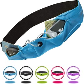 Athlé Running Belt with Two Pockets - Stretch Pouches Fit Most Phones, Wallet, Cards and More - Key Clip, Earphone Jack - Size X-Small Adjustable Waist Strap 20" - 22" - For Exercise and Travel - Blue