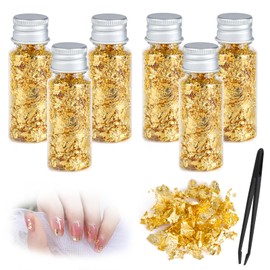 dsDAEDK 6 Bottles Gold Leaf Flakes, Gold Leaf for Crafts, Multifunctional Gold Foil Flakes, Gold Foil Paper with Tweezers for Crafts, Nail Art, Home Decoration (Gold)