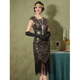 YESSA 1920s Flapper Dresses for Women Great Gatsby Dresses Roaring 20s Costumes Sequin Harlem Nights Dress with 20s Accessories Black-Gold
