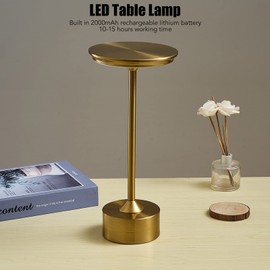 VBESTLIFE Cordless Table Lamp Rechargeable, USB Lamp Desktop Portable with Circular Acrylic Shade, 3 Brightness Levels LED Metal Bedside Lamp,2000mAh Battery, Light White Warm Ordinary (Gold)