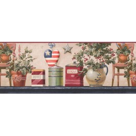CONCORD WALLCOVERINGS ™ Wallpaper Border Patriotic Pattern American Heart Flowerpots Boxes for Cottage Kitchen Farmhouse, Burgundy Beige Red Blue Green Black, 15 Feet by 9 Inches BV006131B