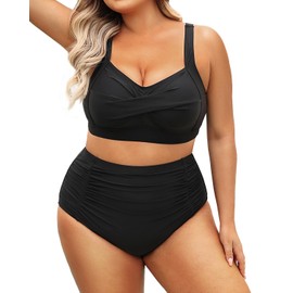 Daci Women's Plus Size Bikini Sets - High Waisted Two-Piece Swimsuits with Tummy Control Black XL