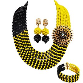 aczuv 8 Rows African Bead Necklace Jewelry Set for Women Nigerian Wedding Bridal Jewelry Sets (Opaque Yellow Black)
