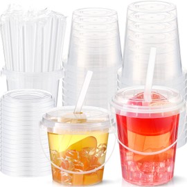 Funnymoom 50 Sets Clear Plastic Drink Buckets with Handles, Lids & Straws, 24oz & 34oz Disposable Iced Coffee Bubble Tea Tubs Bulk, Disposable Smoothie Cups for Adult Pool Beach Party Supplies