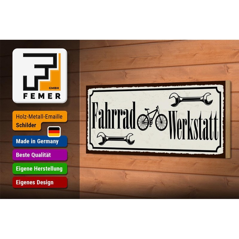 FEMER Wooden Sign 27 x 10 cm Bicycle Workshop