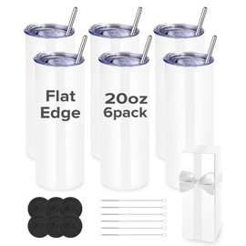 FASTSUB Sublimation Tumblers 20 oz Blank Bulk Cups Straight Skinny Stainless Steel Double Wall Vacuum Insulated with Lids and Straws for Tumbler Heat Press White 6 Pack